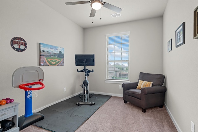 7210 Rustic Rock Rd, Arlington, TX 76001 - exercise area with baseboards, carpet, a ceiling fan, and visible vents