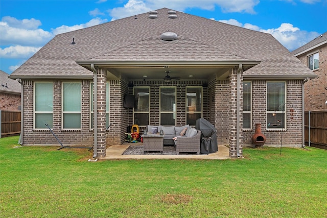 7210 Rustic Rock Rd, Arlington, TX 76001 - rear view of house with ceiling fan, a fenced backyard, an outdoor living space, brick siding, and a patio area