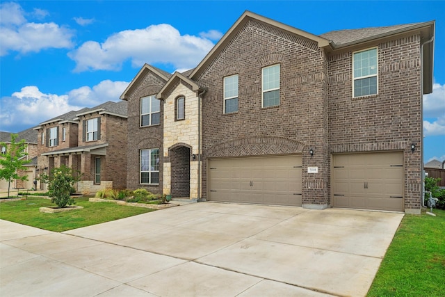 7210 Rustic Rock Rd, Arlington, TX 76001 - view of front of house with a garage, brick siding, a front lawn, concrete driveway, and a shingled roof