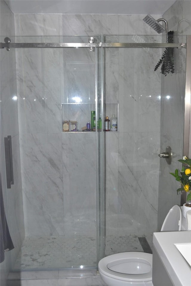 372 Shoreline Dr, Azle, TX 76020 - full bath featuring a marble finish shower, vanity, and toilet