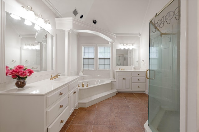 1204 Lakeridge Dr, Ennis, TX 75119 - bathroom featuring crown molding, visible vents, ornate columns, a sink, and a stall shower