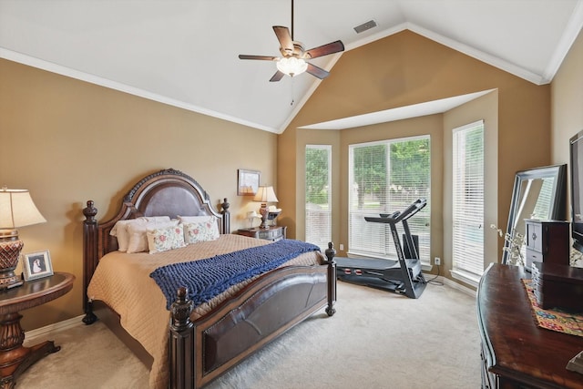carpeted bedroom with visible vents, ornamental molding, baseboards, and lofted ceiling