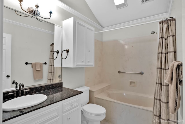 9518 Hackberry Dr, Shreveport, LA 71115 - bathroom with shower / bath combo with shower curtain, visible vents, vanity, toilet, and vaulted ceiling