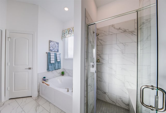 603 E Midway, Euless, TX 76039 - full bath featuring a garden tub, recessed lighting, marble finish floor, and a shower stall