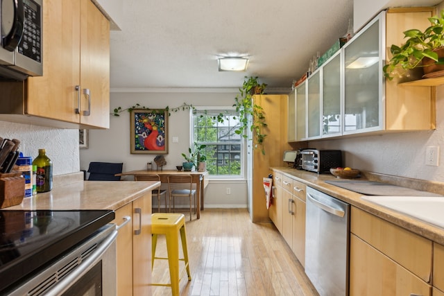 kitchen with a toaster, light wood-style floors, light countertops, and appliances with stainless steel finishes