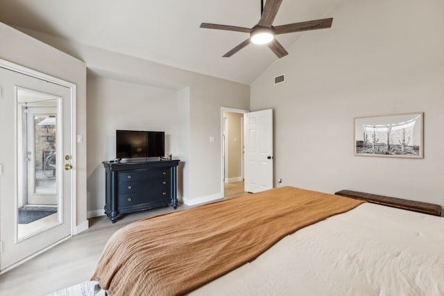 bedroom featuring visible vents, baseboards, high vaulted ceiling, and access to exterior