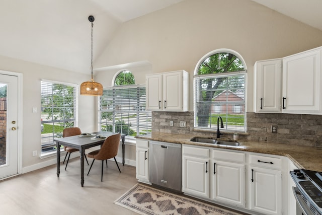 kitchen with a sink, white cabinetry, backsplash, and stainless steel appliances