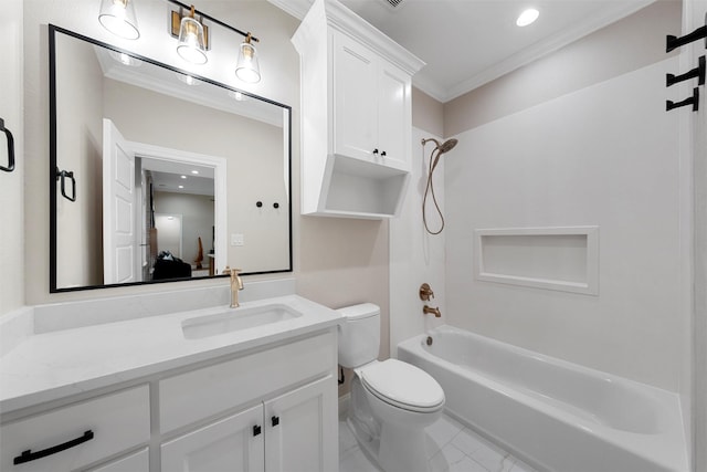 bathroom featuring shower / bathing tub combination, vanity, toilet, marble finish floor, and ornamental molding