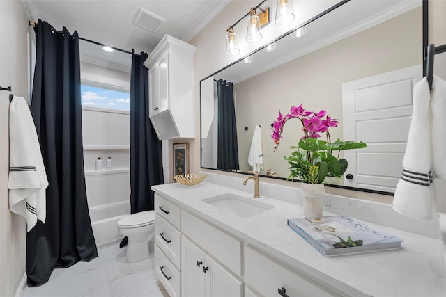 bathroom featuring crown molding, vanity, toilet, marble finish floor, and visible vents
