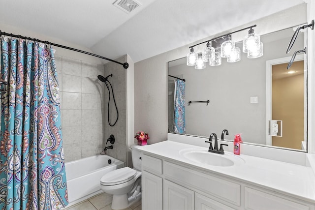 bathroom with tile patterned flooring, vanity, toilet, shower / tub combo, and visible vents