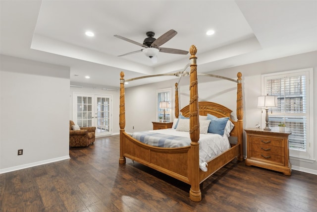 16114 Shadybank Dr, Dallas, TX 75248 - bedroom with ceiling fan, a raised ceiling, baseboards, recessed lighting, and dark wood-type flooring