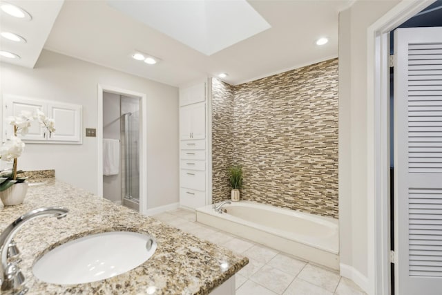 16114 Shadybank Dr, Dallas, TX 75248 - full bath with vanity, tile patterned floors, recessed lighting, a bath, and a stall shower