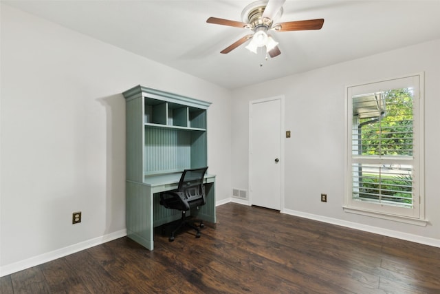 16114 Shadybank Dr, Dallas, TX 75248 - unfurnished office featuring baseboards, a ceiling fan, and dark wood finished floors