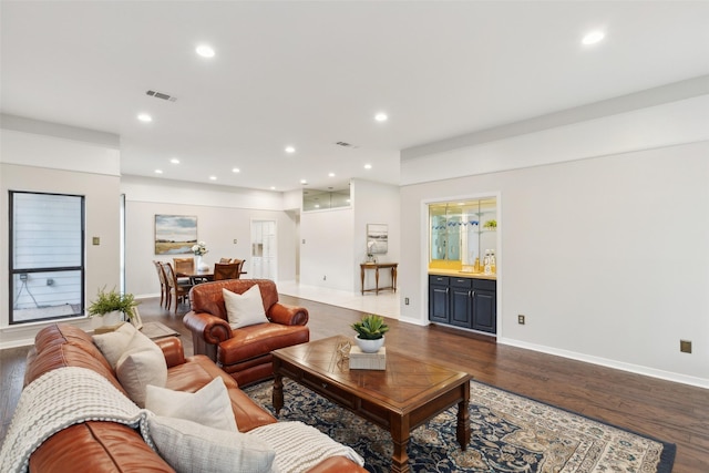 16114 Shadybank Dr, Dallas, TX 75248 - living area with recessed lighting, baseboards, dark wood-style floors, and visible vents