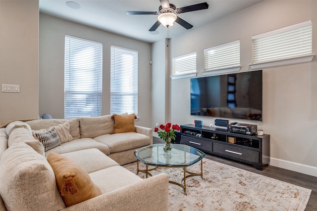 8210 Laflin Ln, Dallas, TX 75231 - living room featuring ceiling fan, wood finished floors, and baseboards