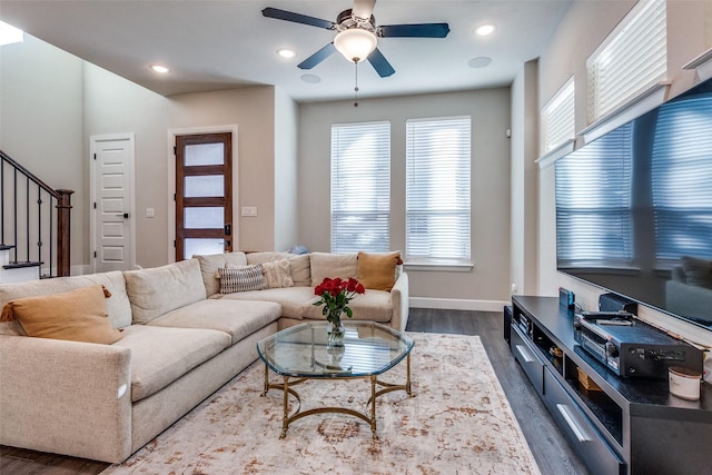 8210 Laflin Ln, Dallas, TX 75231 - living room with dark wood-style flooring, stairway, a ceiling fan, baseboards, and recessed lighting