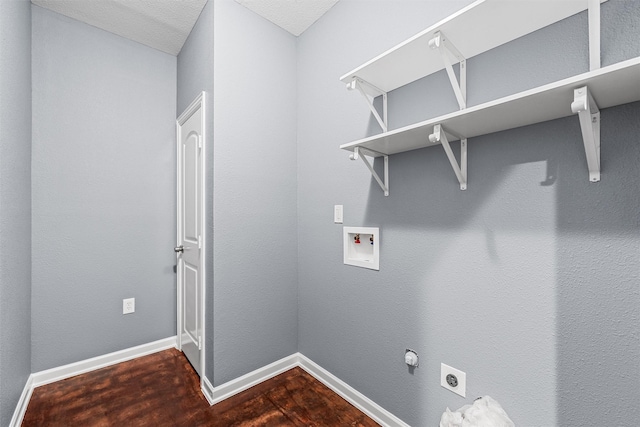 laundry room with hookup for an electric dryer, laundry area, baseboards, hookup for a washing machine, and dark wood-type flooring