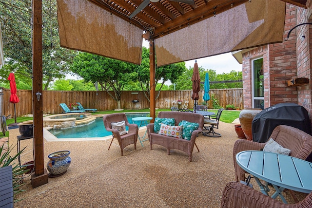 view of swimming pool featuring a patio area, a fenced backyard, a pergola, outdoor dining space, and a grill