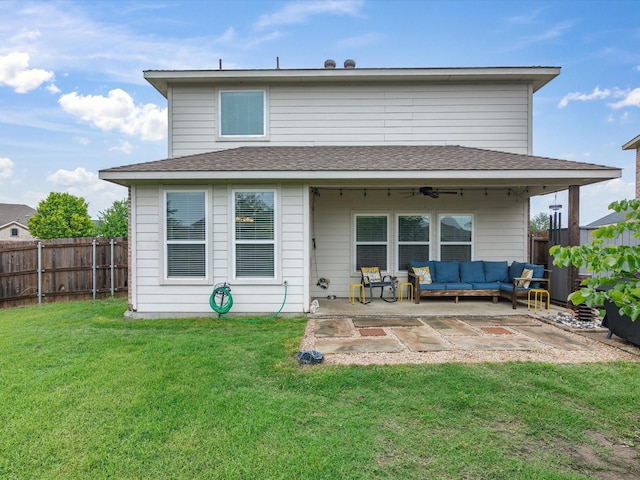 1646 Country Hls, Waxahachie, TX 75165 - back of property with a patio, ceiling fan, an outdoor living space, and a fenced backyard