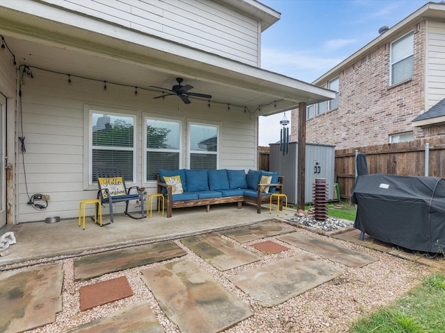 1646 Country Hls, Waxahachie, TX 75165 - view of patio featuring fence, a storage unit, ceiling fan, an outbuilding, and an outdoor living space