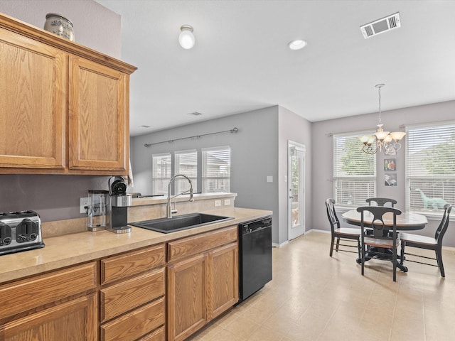 1646 Country Hls, Waxahachie, TX 75165 - kitchen featuring visible vents, light countertops, a sink, dishwasher, and a notable chandelier