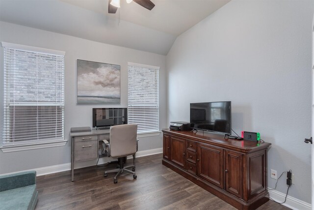 office featuring baseboards, a ceiling fan, lofted ceiling, and dark wood-style floors