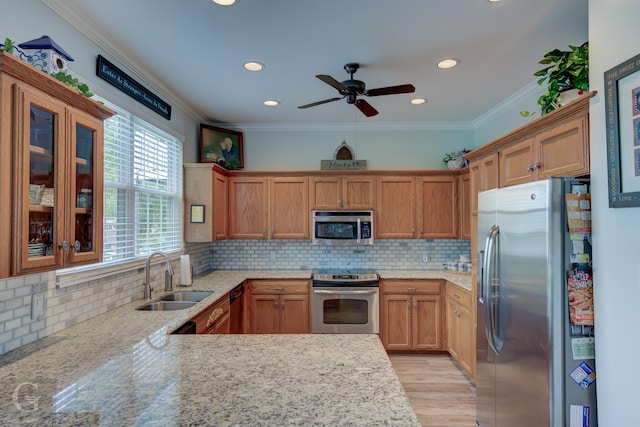 kitchen featuring ceiling fan, appliances with stainless steel finishes, ornamental molding, and a sink