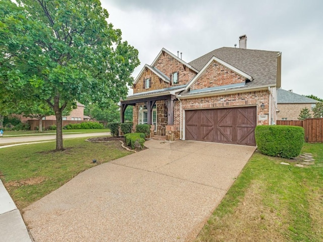 craftsman-style house with a front yard, a garage, brick siding, fence, and a shingled roof