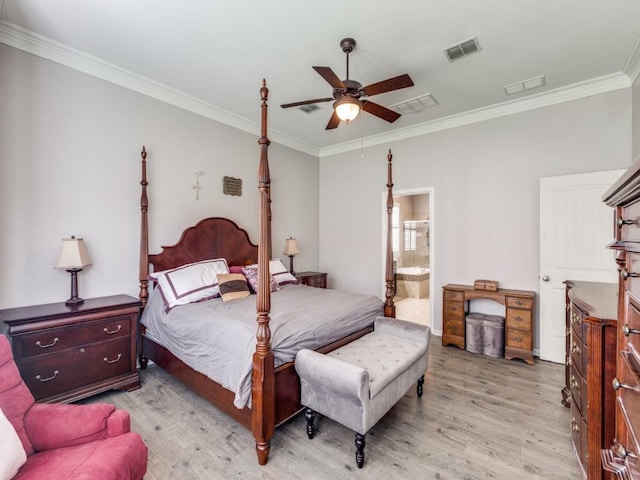 bedroom with visible vents, ornamental molding, and light wood-style flooring