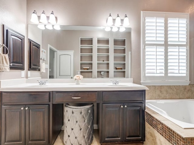 full bath with double vanity, a sink, and a jetted tub