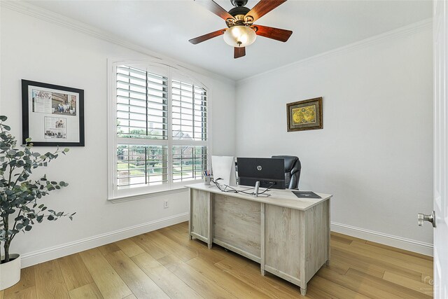 office area with ceiling fan, light wood-style flooring, baseboards, and crown molding