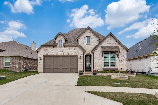 french country style house with a garage, a front yard, driveway, and brick siding