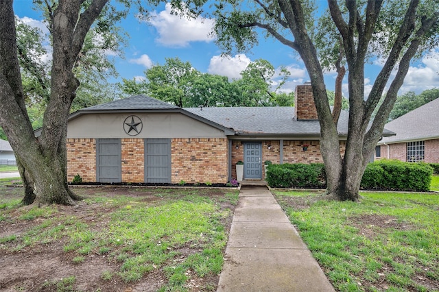 1600 Skyview Dr, Irving, TX 75060 - ranch-style house with brick siding, a chimney, and a shingled roof