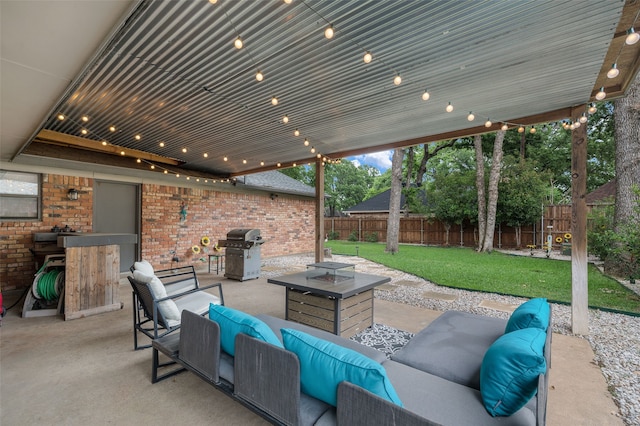 1600 Skyview Dr, Irving, TX 75060 - view of patio / terrace featuring an outdoor living space, a fenced backyard, and area for grilling