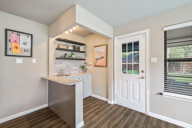 1600 Skyview Dr, Irving, TX 75060 - bar featuring a sink, dark wood finished floors, indoor wet bar, baseboards, and tasteful backsplash