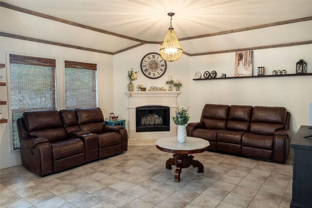 living room featuring a fireplace and light tile patterned flooring