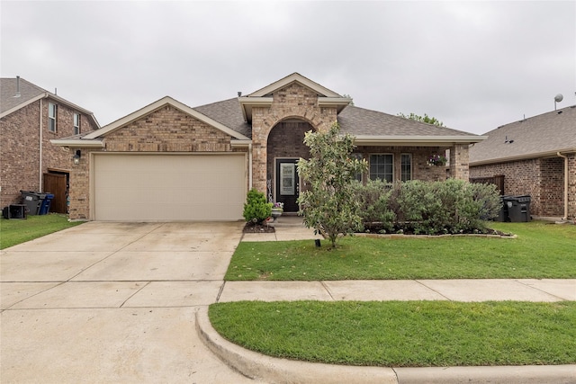 ranch-style home with a shingled roof, brick siding, a garage, a front yard, and concrete driveway