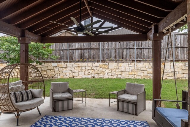 view of patio / terrace with a gazebo, a ceiling fan, and a fenced backyard