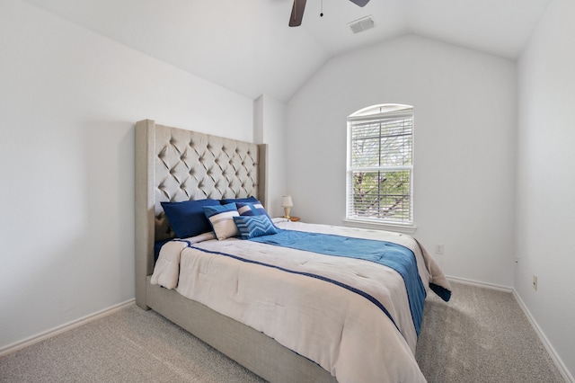 bedroom with carpet flooring, a ceiling fan, baseboards, vaulted ceiling, and visible vents