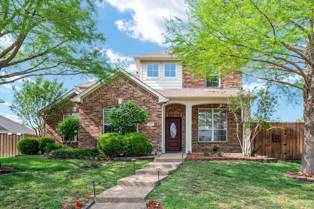 traditional home with brick siding, fence, and a front yard