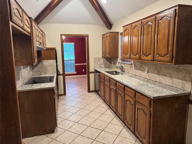 kitchen with black electric stovetop, a sink, dishwasher, a textured ceiling, and decorative backsplash