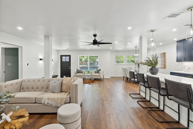 2008 Custer Pkwy, Richardson, TX 75080 - living room with recessed lighting, ceiling fan, and dark wood finished floors
