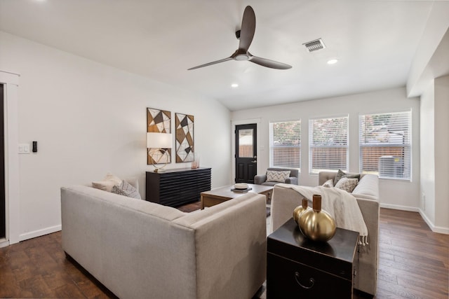 living room with visible vents, baseboards, dark wood-type flooring, recessed lighting, and a ceiling fan