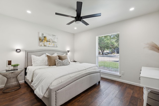 bedroom with wood-type flooring, recessed lighting, baseboards, and ceiling fan