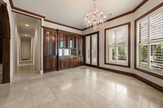 5404 Miramar Ln, Colleyville, TX 76034 - unfurnished dining area featuring a chandelier, baseboards, light tile patterned flooring, and crown molding