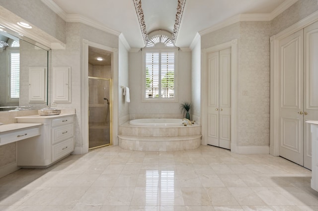 5404 Miramar Ln, Colleyville, TX 76034 - full bath featuring a stall shower, vaulted ceiling, a bath, crown molding, and vanity