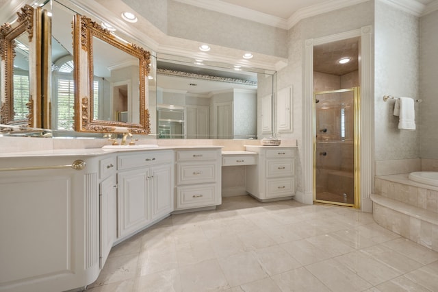 5404 Miramar Ln, Colleyville, TX 76034 - full bath featuring a stall shower, ornamental molding, vanity, and a bath