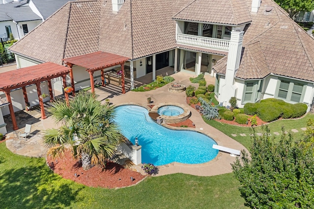 5404 Miramar Ln, Colleyville, TX 76034 - swimming pool with an in-ground hot tub, a patio area, a pergola, and a diving board