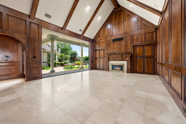 5404 Miramar Ln, Colleyville, TX 76034 - unfurnished living room with a fireplace, wood walls, high vaulted ceiling, beam ceiling, and light tile patterned floors