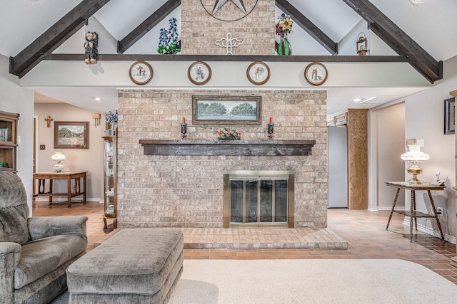 living room with a brick fireplace, baseboards, beam ceiling, and high vaulted ceiling